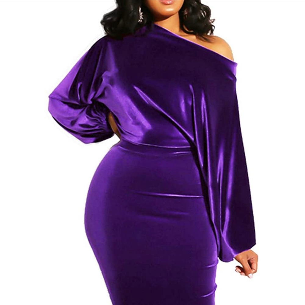 One Off Shoulder Midi Long Sleeve Velvet Bodycon Pencil Dress